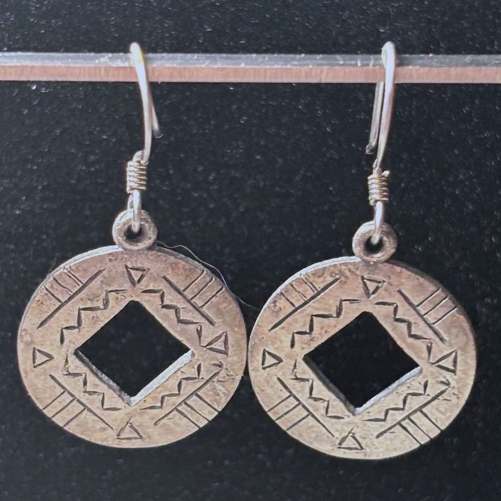 Vintage Silver Geometric Etched Tribal Disk Square Cutout Drop Earrings